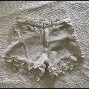 White High Waisted Crochet Distressed Jean Short